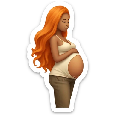 Tan girl with long orange hair holding pregnant stomach sticker