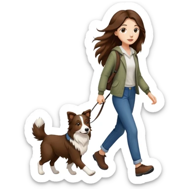 A beautiful girl with long brown hair walks a Border Collie sticker