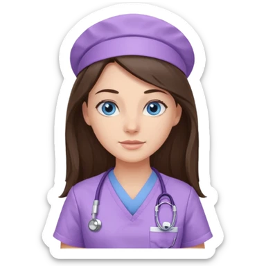 pretty brunette nurse with long hair and blue eyes in lilac scrubs sticker