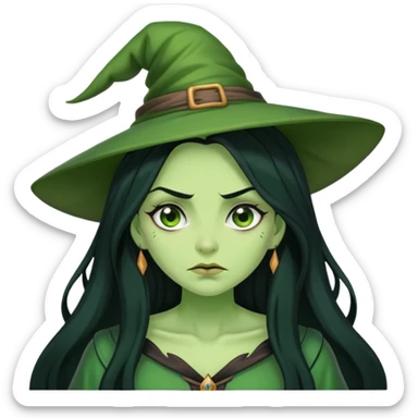 Green-skinned witch with long black hair, embarrassed expression, blushing sticker