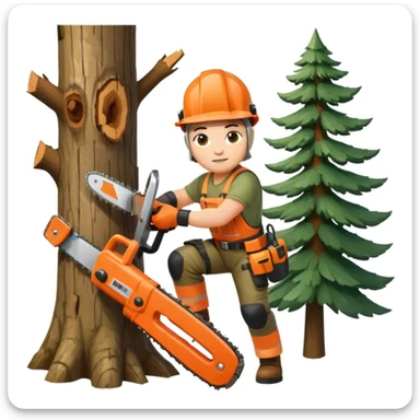 professional arborist cutting down a large tree with chainsaw, wearing safety helmet and protective gear. Scene includes detailed tree trunk, falling wood pieces, forest background, dynamic movement, and emphasis on expertise and safety in tree removal sticker