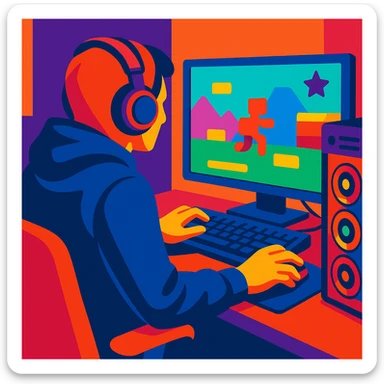man playing games on a gaming computer, viewed from the back, wearing a hood, focused on the screen, digital art style, vibrant colors sticker