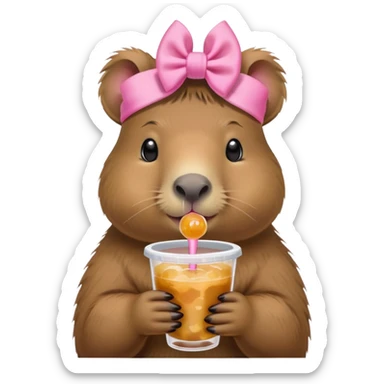 Capybara drinking boba, wearing a coquette pink bow on her head sticker