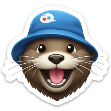 An otter that is very happy because he just went down a mud slide. He is also wearing a backwards hat sticker