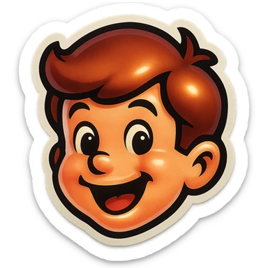 Edit the boy's face to have a happy, open-mouthed smile, maintaining the original cartoon style and quality of the retro stickers style. sticker