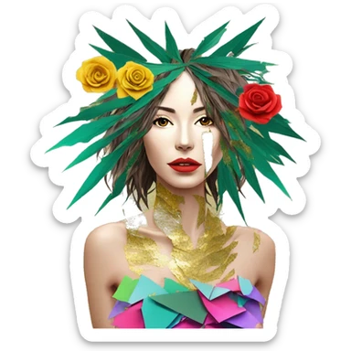  Hemp 420 lady face melting gold drizzle kintsugi multicoloured funky palm leaves tropical made of 420 origami newspaper roses hemp leaves bokeh and paper and hemp leaves in hair sticker