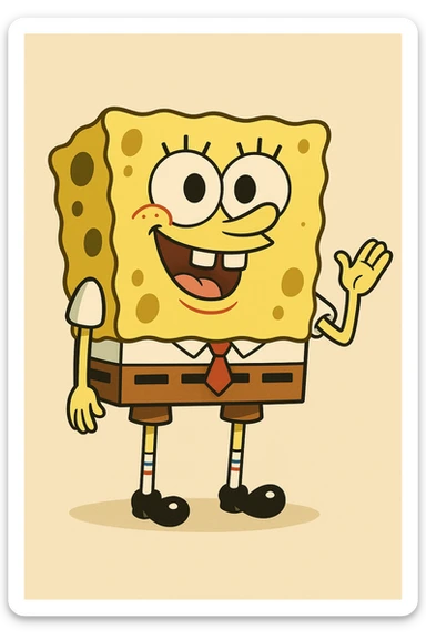 SpongeBob SquarePants, cartoon style, cheerful expression, yellow sponge character, simple background sticker