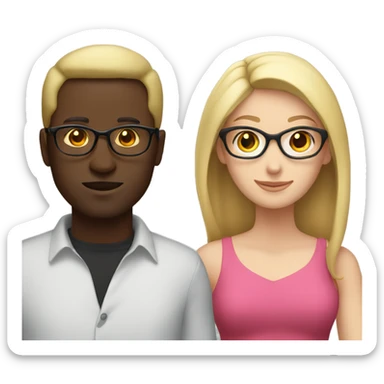 white woman no glasses long blonde  wearing a pink dress standing with a black guy with glasses wearing a red shirt sticker
