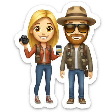 Create an emoji of couple travellers who love road trip and female has a dslr in hand. Both are young and guy has style beard sticker