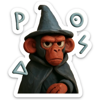 wizard monkey, claymation style, mysterious look, dark cloak, floating magical runes sticker