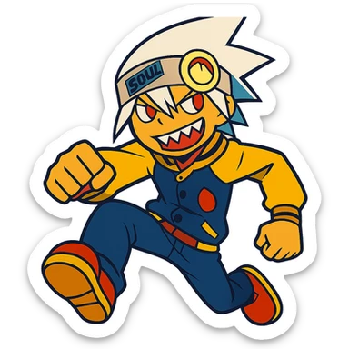 Soul Eater Evans in a dynamic pose, white hair, headband, sharp teeth, wearing his signature jacket, anime style, vibrant colors sticker