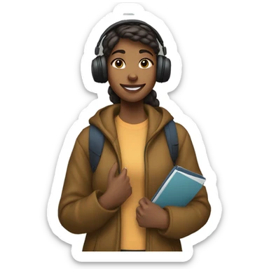 female student standing by her locker with wireless headphones, winter coat, and cell phone sticker