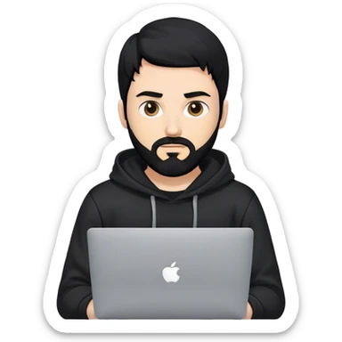 hackeur blanc cheveux noir barbe et capuche noir avec un macbook sticker