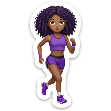 Uma boneca morena escura com olhos castanhos e cabelo cacheado longo preto até o peito, treinando correndo a roupa top curto, roxo com detalhes preto e short roxo com detalhes preto sticker