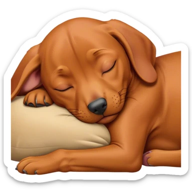 Meme-Worthy Cute Sleeping Vizsla Portrait Emoji, Head resting peacefully with a contented smile, showcasing a sleek, athletic build and a luxuriously soft rust and gold Fur, eyes shut in a serene nap, Simplified yet hilariously adorable features, highly detailed, glowing with a soft, drowsy light, high shine, relaxed and utterly lovable, stylized with an air of playful laziness, bright and heartwarming, soft glowing outline, capturing the essence of a comically sleepy companion, so meme-worthy it feels like it could instantly become the next viral sensation of adorable slumber! sticker