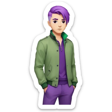 Confident man with purple hair and stylish green jacket, powerful stance like Thanos, modern fashion sticker