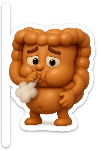 emoji stile iphone di un intestino che ingoia una nuvoletta di aria ben visibile e gli si gonfia la pancia, iperrealistico 4k sticker