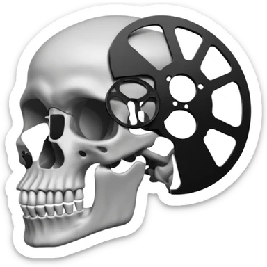 Minimalist emoji-style sticker of a human skull in profile, with a film reel replacing the brain. Grayscale icon with bold silhouette.
 sticker