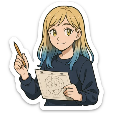 a girl animator, medium long blond hair with blue ends, yellow eyes, dark blue clothes, holding a pencil and animation paper sticker