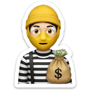 yellow robber wears black eye mask, black beanies and black and white stibes shirt with one brown money bag beside him sticker