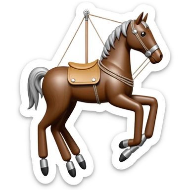 3D render of Horse Puppet as a wooden marionette puppet, Wooden toy horse on strings, silver metal screw joints at elbows and knees, polished brown wood texture, rigid toy pose, emoji style, isolated on white background --v 6.0. sticker
