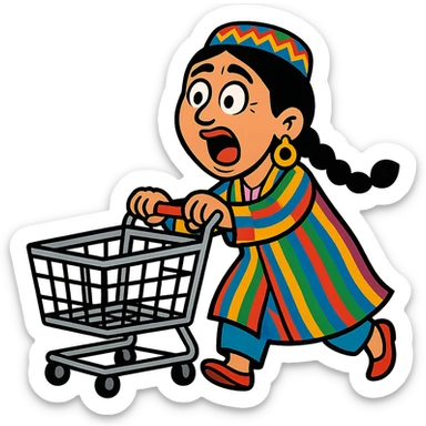cartoonish Uzbek woman with a shopping cart, exaggerated emotions sticker