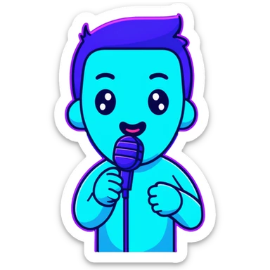 man speaking into a microphone, with neon glow effect, blue neon glow on top left, purple neon glow on bottom right sticker
