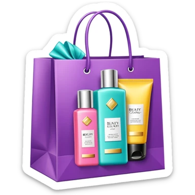 Gift bag with beauty products (shampoo, creams, styling products), a gift bag is beautyful open box with luxury brand-labeled beauty products standing nearby sticker