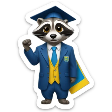 A raccoon student in a suit in the color of the Ukrainian flag in a square academic cap sticker