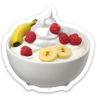 an aesthetic yougurt bowl with banana,rasberries,greek yogurt, and some hiney sticker