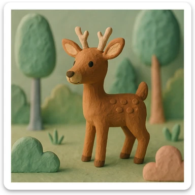 deer standing in a forest, pastel colors, visible fingerprints, playful and textured, claymation style sticker