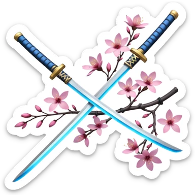 blue glowing katana multiple with accent words And Sakura flowers leaves and branches entangled with it sticker