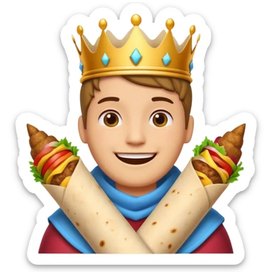 half-body character with crown smiling enjoying big kebab wrap, simple colorful fun classic emoji style sticker