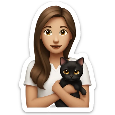 a girl with brown medium length hair holding a black and brown cat sticker