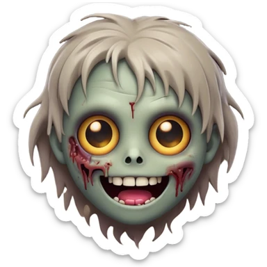 Cinematic Cute Zombie Portrait Emoji, with a delightfully quirky, slightly disheveled face in muted ashen hues, featuring quirky bright eyes and a playful, stitched-together smile, simplified yet irresistibly charming, highly detailed with a soft glowing outline that captures the adorable, offbeat spirit of a zombie who’s more cute than creepy! sticker