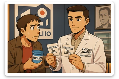 fai un webtoon manga a colori con questo stile, in cui un uomo ASCOLTA Il kinesiologo con il camice bianco (fagli anche la scritta "ANTONIO ANANIA" SUL CAMICE, IL KINESIOLOGO SPIEGA ALL'UOMO UNA COSA TENENDO DUE FOGLIETTINI IN MANO, UNO CON LA SCRITTA "ZUCCHERO DEL LATTE" E UNA CON LA SCRITTA "PROTEINE DEL LATTE". L'UOMO OSSERVA LO YOGURT CHE HA IN MANO CON ESPRESSIONE DUBBIOSA IN VOLTO. non fare i fumetti però, fai solo in modo che sembri stiano parlando sticker