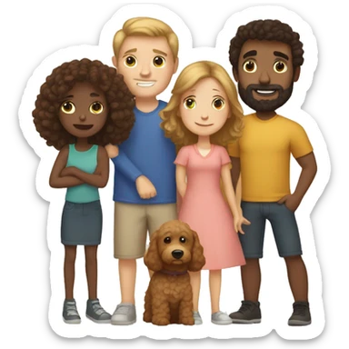white mom and dad with brow hair, one little boy with brown hair, one girl wth brown hair, and a golden doodle sticker