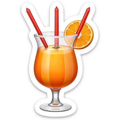 An orange fruit, not a drink, with a horizontal red stripe around the middle. 4 vertical cocktail sticks in the orange with small pieces of candy on the sticks. On top of the orange a small white lit candle. sticker