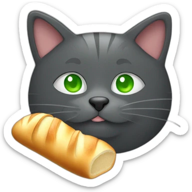 happy dark grey fat cat with green eyes eating a baguette sticker