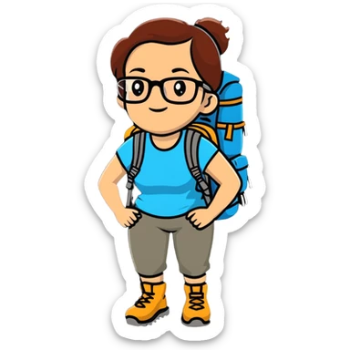 Woman in her late 30s with glasses wearing sporty outfit, hiking boots, and backpack looking happy and curious sticker