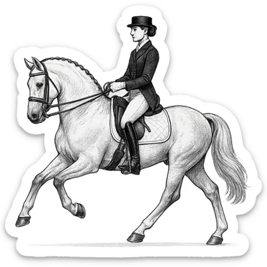 a dressage rider on a white dressage horse, elegant equestrian scene, detailed, graceful posture, horse in collected trot, rider in formal attire, no background sticker