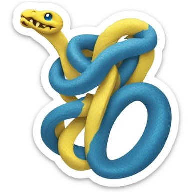 in a t-shirt a blue python tangled with a yellow python evoking the python programming language logo sticker