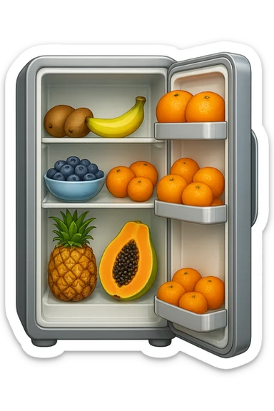 emoji stile iphone di un frigo aperto con dentro ben visibili questi alimenti: Kiwi
Banana acerba
Arance e mandarini
Mirtilli
Ananas
Papaya
IPERREALISTICO 4K sticker