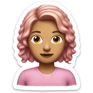 Chica de piel blanca con el pelo castaño, corto hasta los hombros y ondulado, con camisa rosa y moños en el cabello  sticker