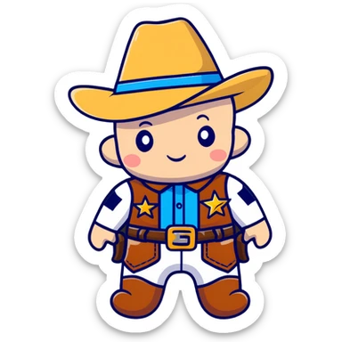 A cartoon stuffed baby cowboy toy with star-shaped patches and a little sheriff badge sticker