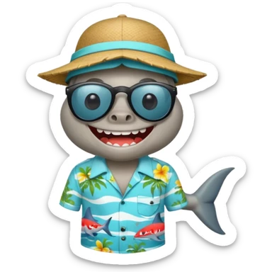 Tiburón de pie con camisa hawaiana, lentes negros, y una gorra al revés sticker