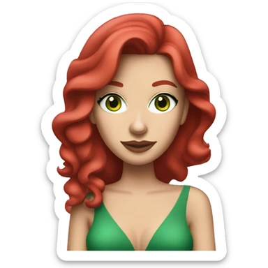 White caucasian woman in her 20s with red layered hair green eyes freckles wearing a red dress and holding a pink martini glass sticker