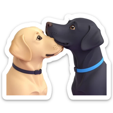 a black Labrador retriever and a blonde Labrador retriever, sitting close together, touching noses as if kissing, 3D emoji style sticker