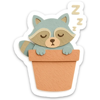 sleepy raccoon inside a flower pot, pastel earthy colors, paper craft style sticker