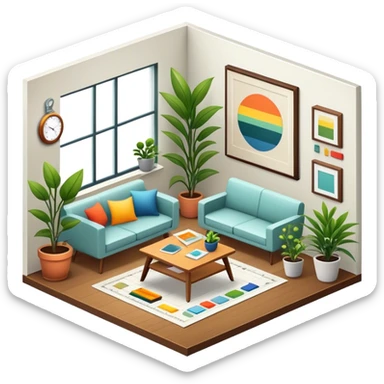 Icon for Interior Design: a modern room layout with furniture, plants, and decor items, with a color palette and design tools like a ruler and measuring tape. The icon should represent creativity, space planning, and aesthetic design. Transparent background. sticker